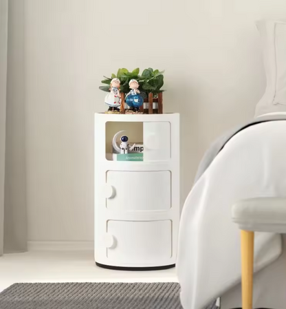 Round Bedside Table 3Tier Plastic Nightstand Storage Unit Chest W/Drawers&Sliding Door Nordic Modern Bedside Cabinet for Bedroom