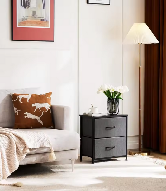 Nightstand with 2 Storage Drawers,Small Bed Side Furniture, Wooden Top Fabric Cabinet Kids Night Stand