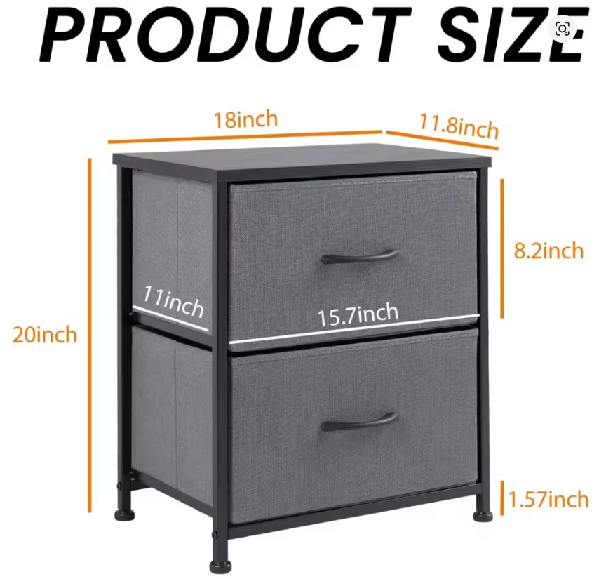 Nightstand with 2 Storage Drawers,Small Bed Side Furniture, Wooden Top Fabric Cabinet Kids Night Stand