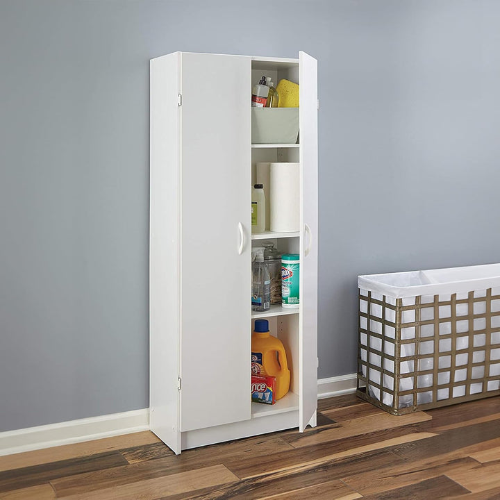 White Pantry Storage Cabinet – Freestanding Cupboard with 2 Doors & Adjustable Shelves for Kitchen, Laundry or Utility